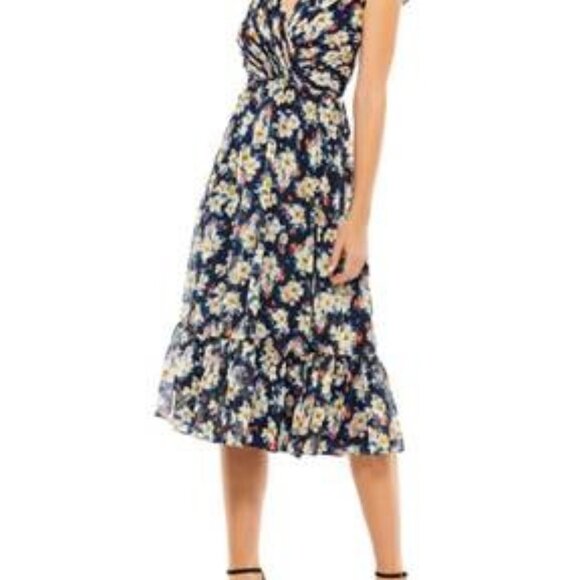 Ieena for Mac Duggal Sleeveless Blue Floral Silver Thread Chiffon Midi Dress - Picture 1 of 7